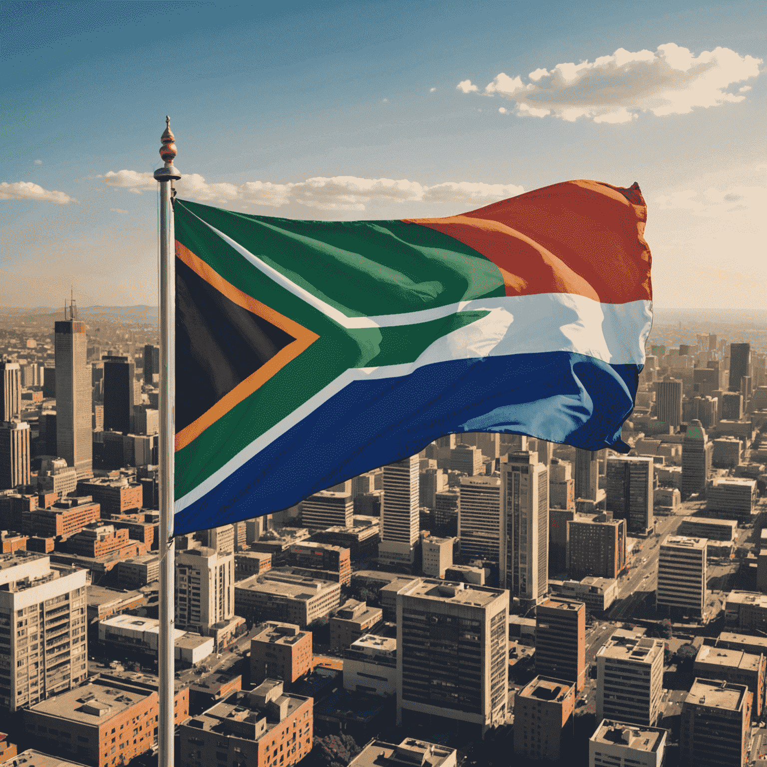 South African flag waving with Johannesburg skyline in the background, symbolizing national financial initiatives