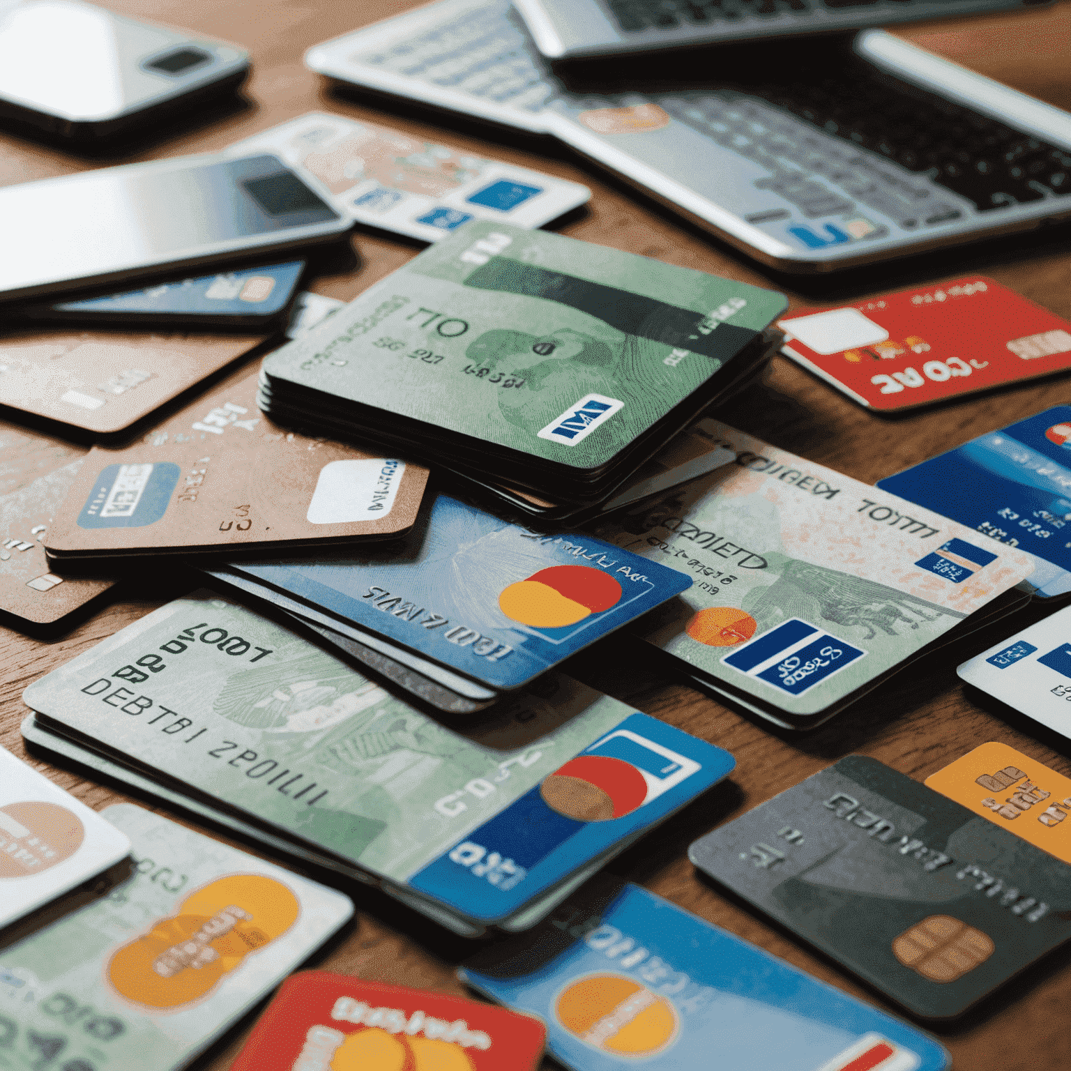 South African Rand notes and credit cards scattered on a table, symbolizing credit card debt in South Africa