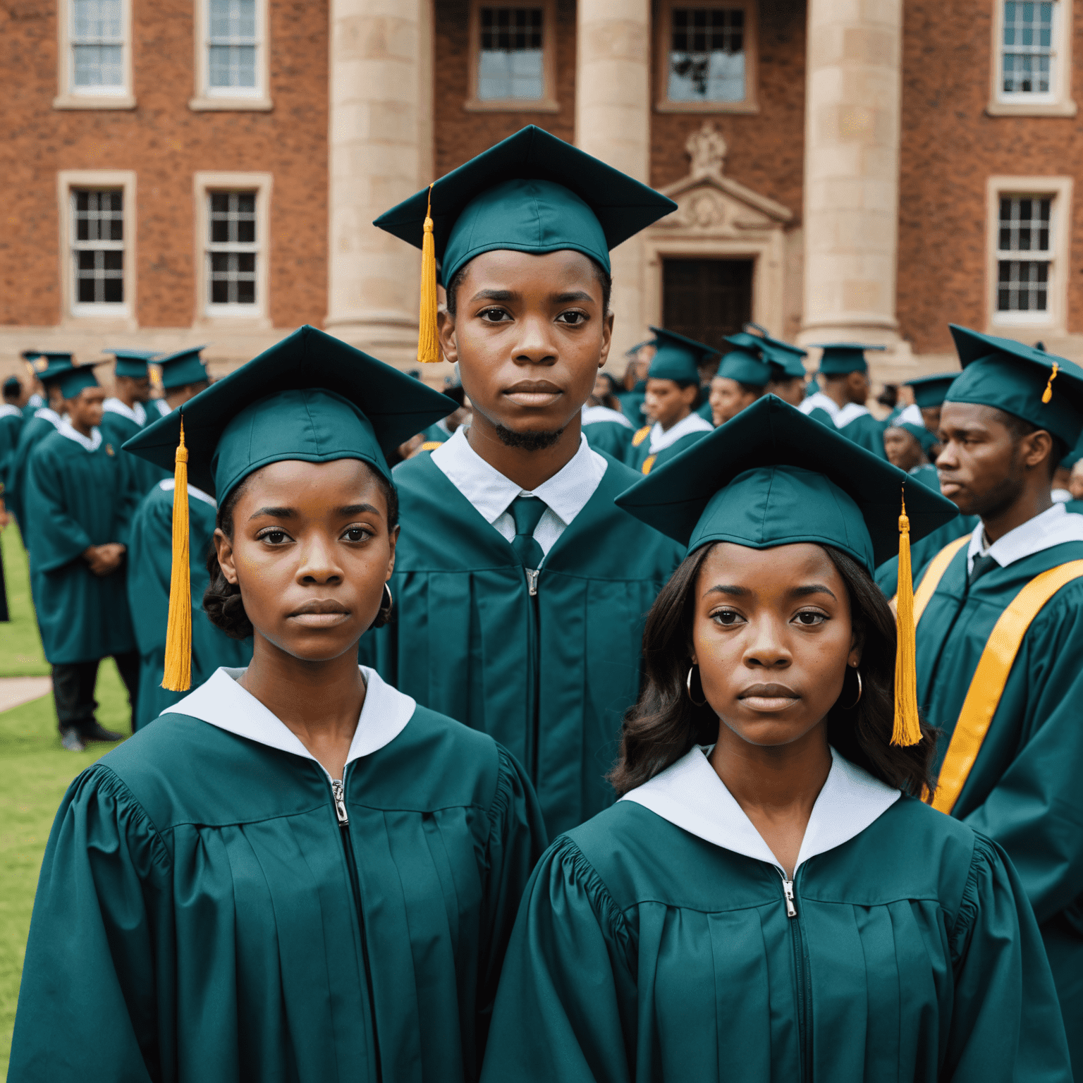 South African graduates in caps and gowns, looking worried about their student loan debt, with the backdrop of a university campus