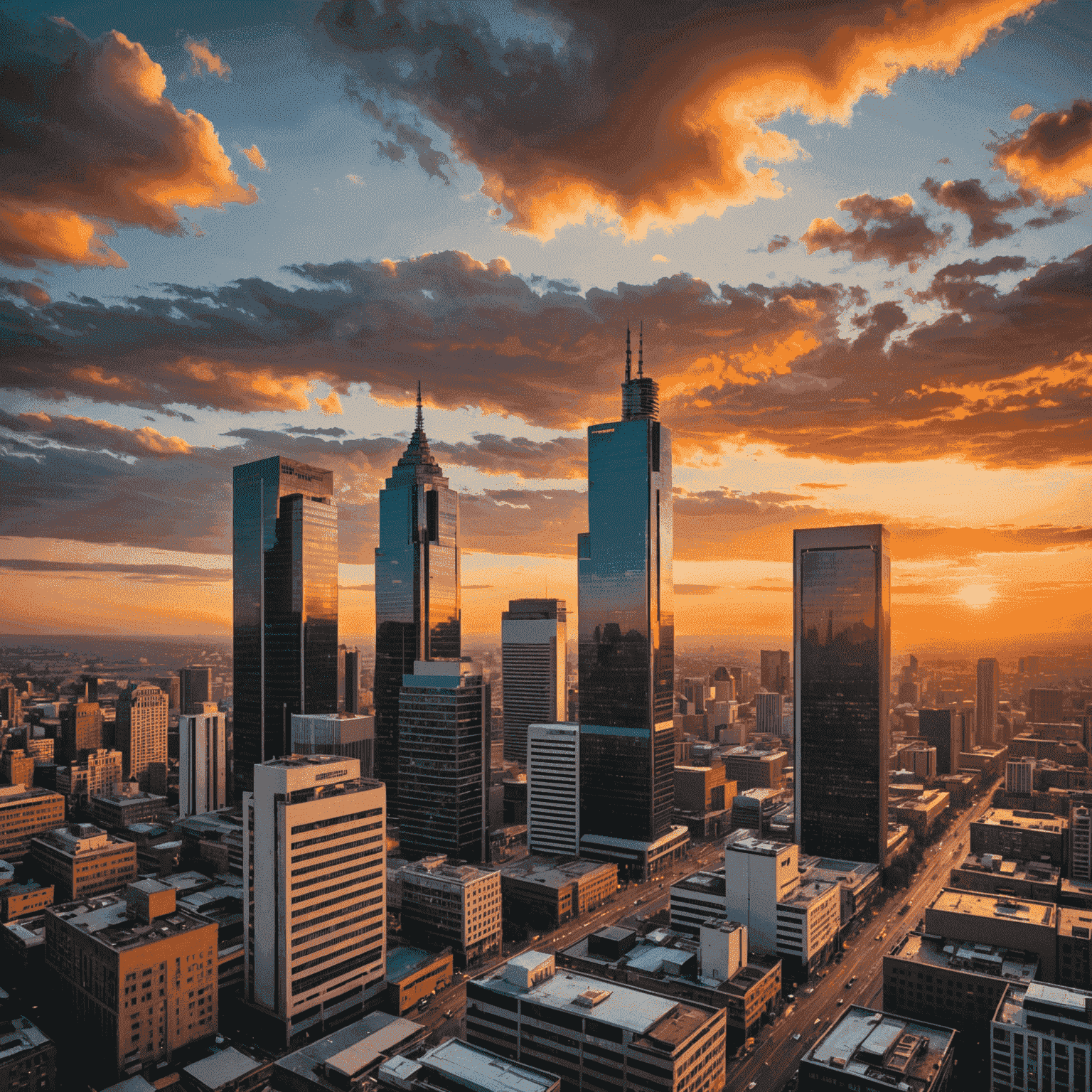 A panoramic view of Johannesburg's financial district skyline, showcasing modern skyscrapers against a vibrant sunset, symbolizing the economic opportunities and challenges in South Africa's financial sector