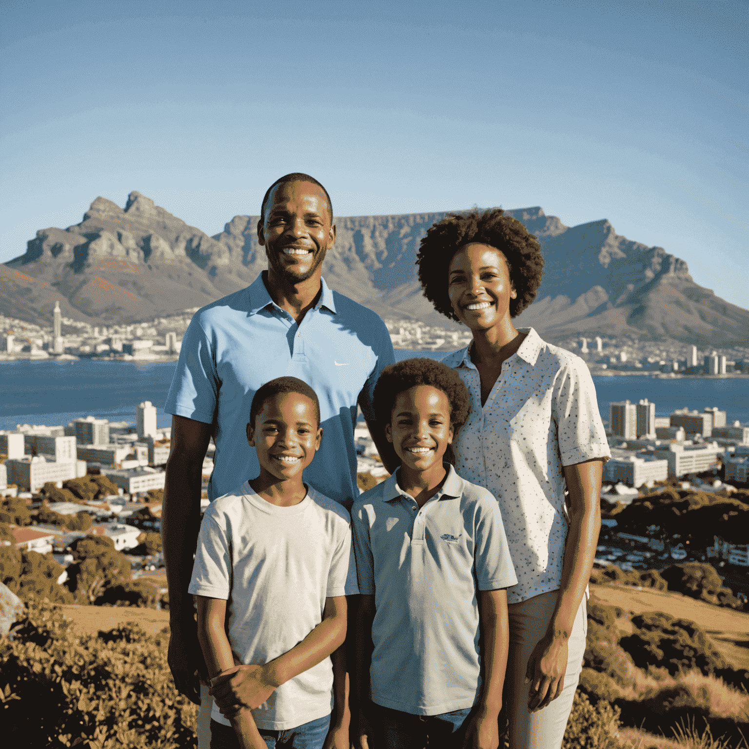 A South African family looking relieved and happy after consolidating their debts, standing in front of a beautiful Cape Town backdrop with Table Mountain visible