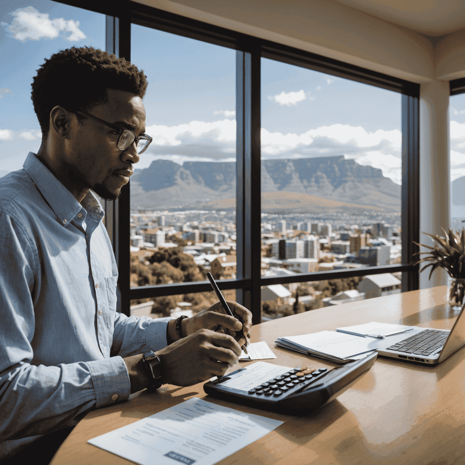 A South African person reviewing credit card statements and using a calculator, with Table Mountain visible through a window in the background