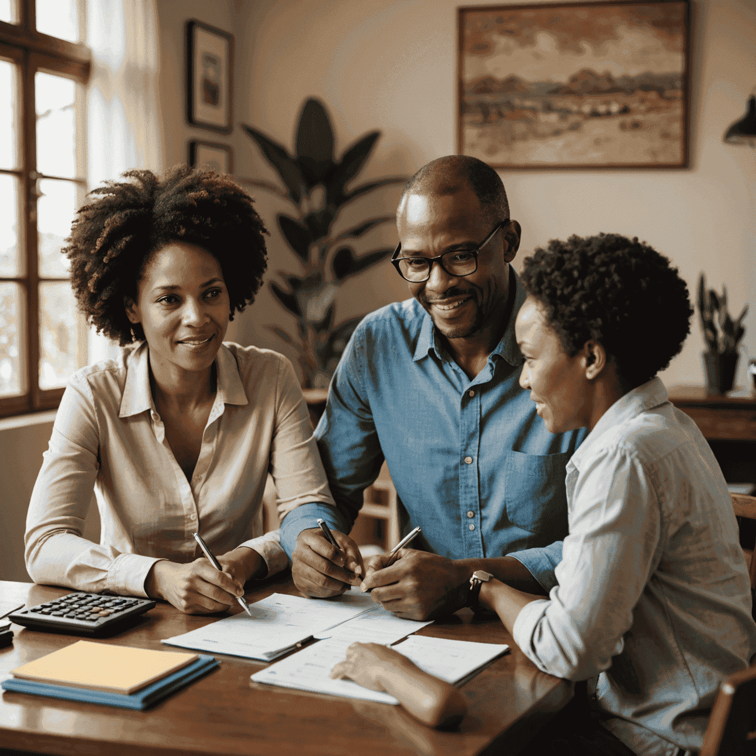 A South African family discussing personal finances with a financial advisor, showcasing diverse cultures and a warm, professional setting