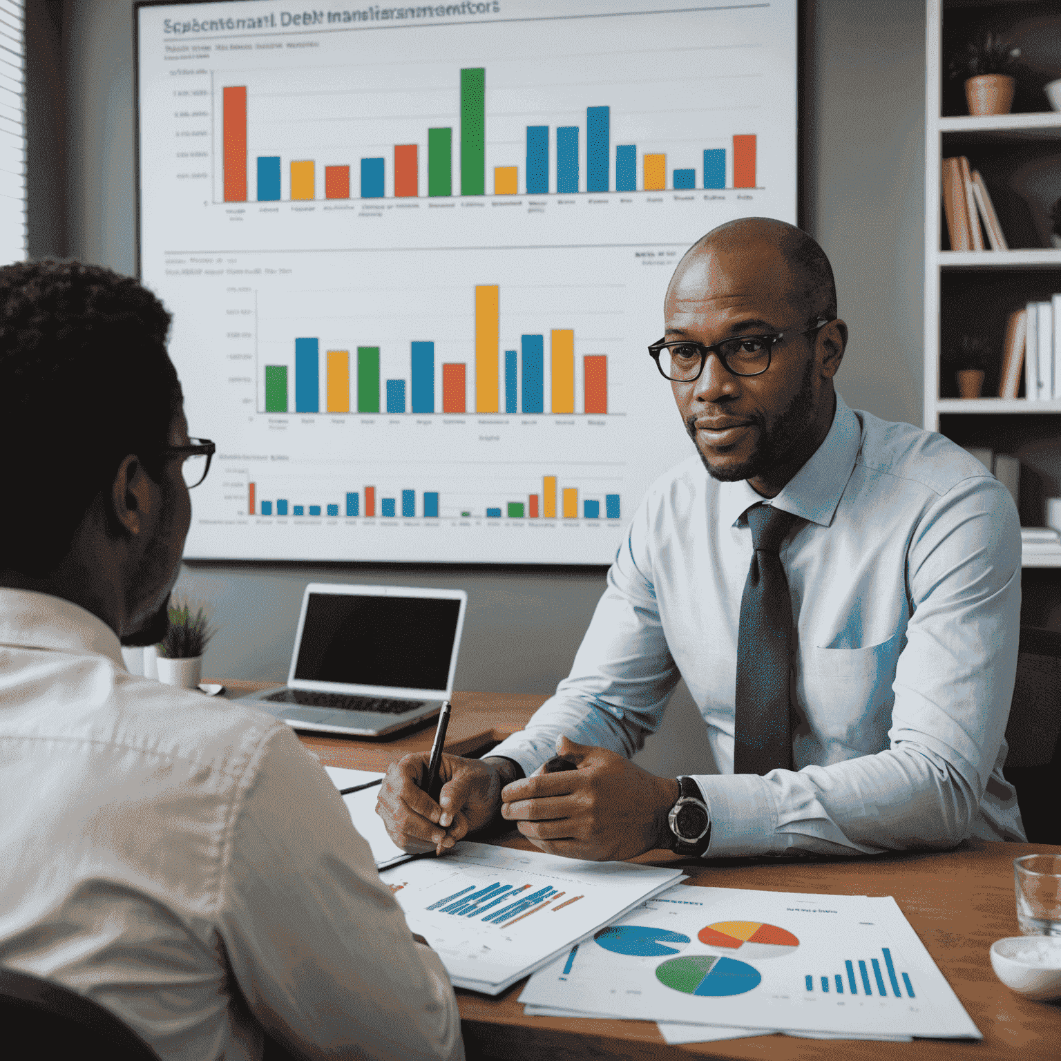 A South African financial advisor discussing debt management strategies with a client in a modern office setting, with charts and graphs visible in the background