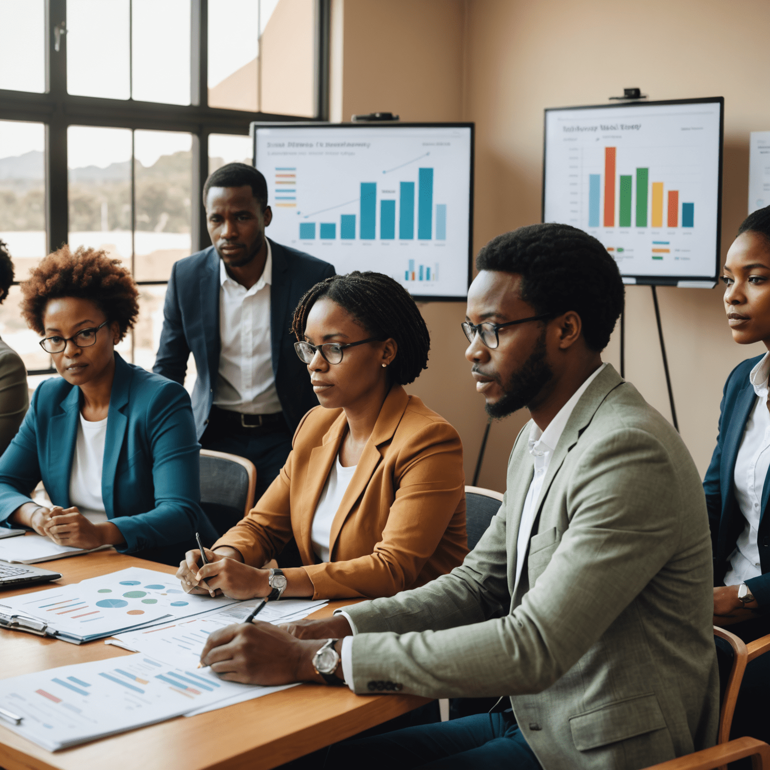 Diverse group of South Africans attending a financial literacy workshop, with charts and graphs displayed on screens