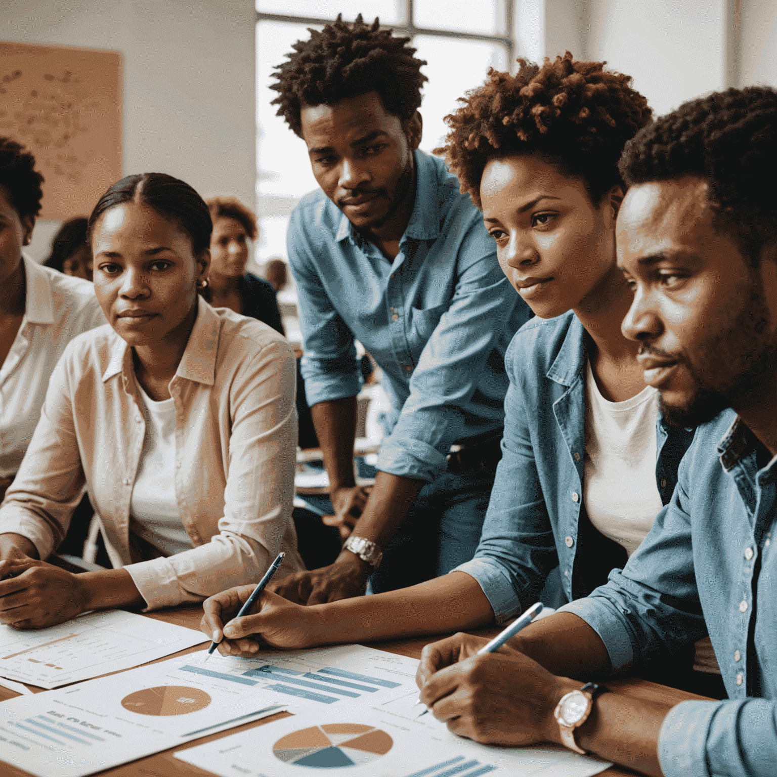 A group of diverse South Africans attending a financial literacy workshop, with charts showing credit scores and debt reduction strategies