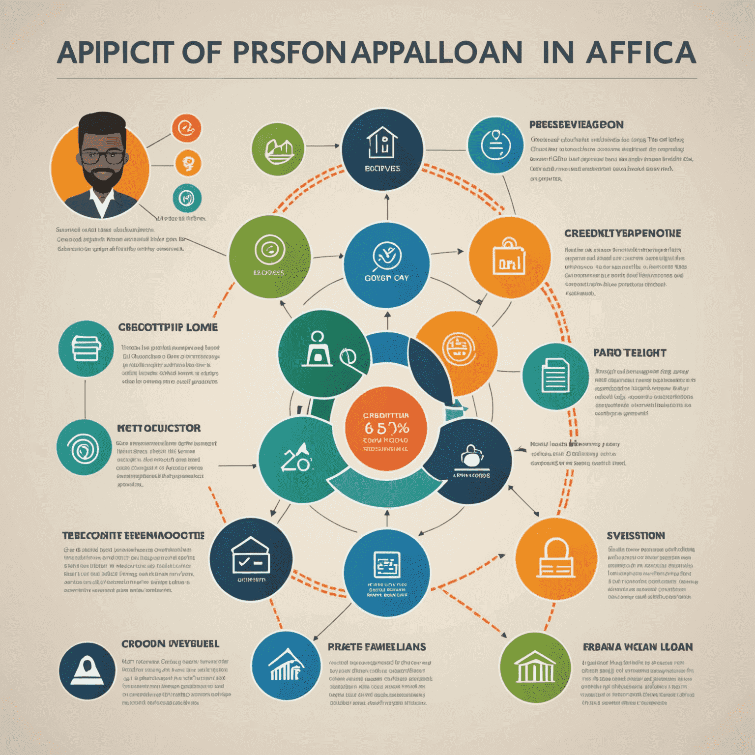 Infographic showing the steps of applying for a personal loan in South Africa, with icons representing credit score check, income verification, and loan approval