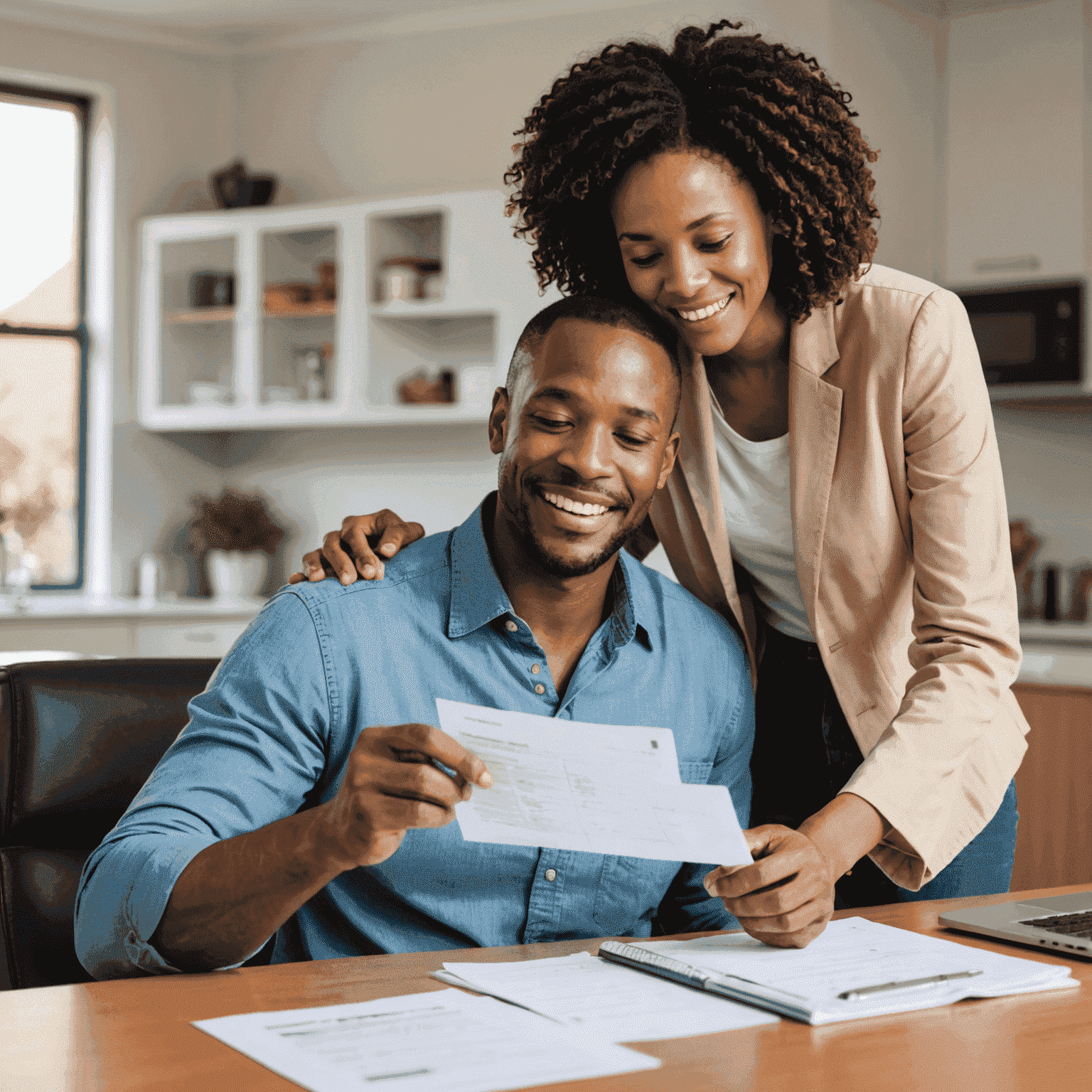 A relieved South African couple reviewing their improved financial statements, showing reduced debt and increased savings