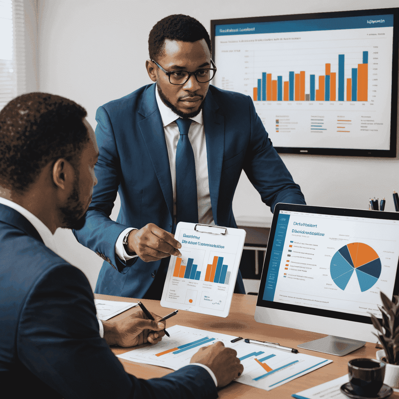 A South African financial advisor explaining debt consolidation to a client, with charts and graphs visible on a screen behind them